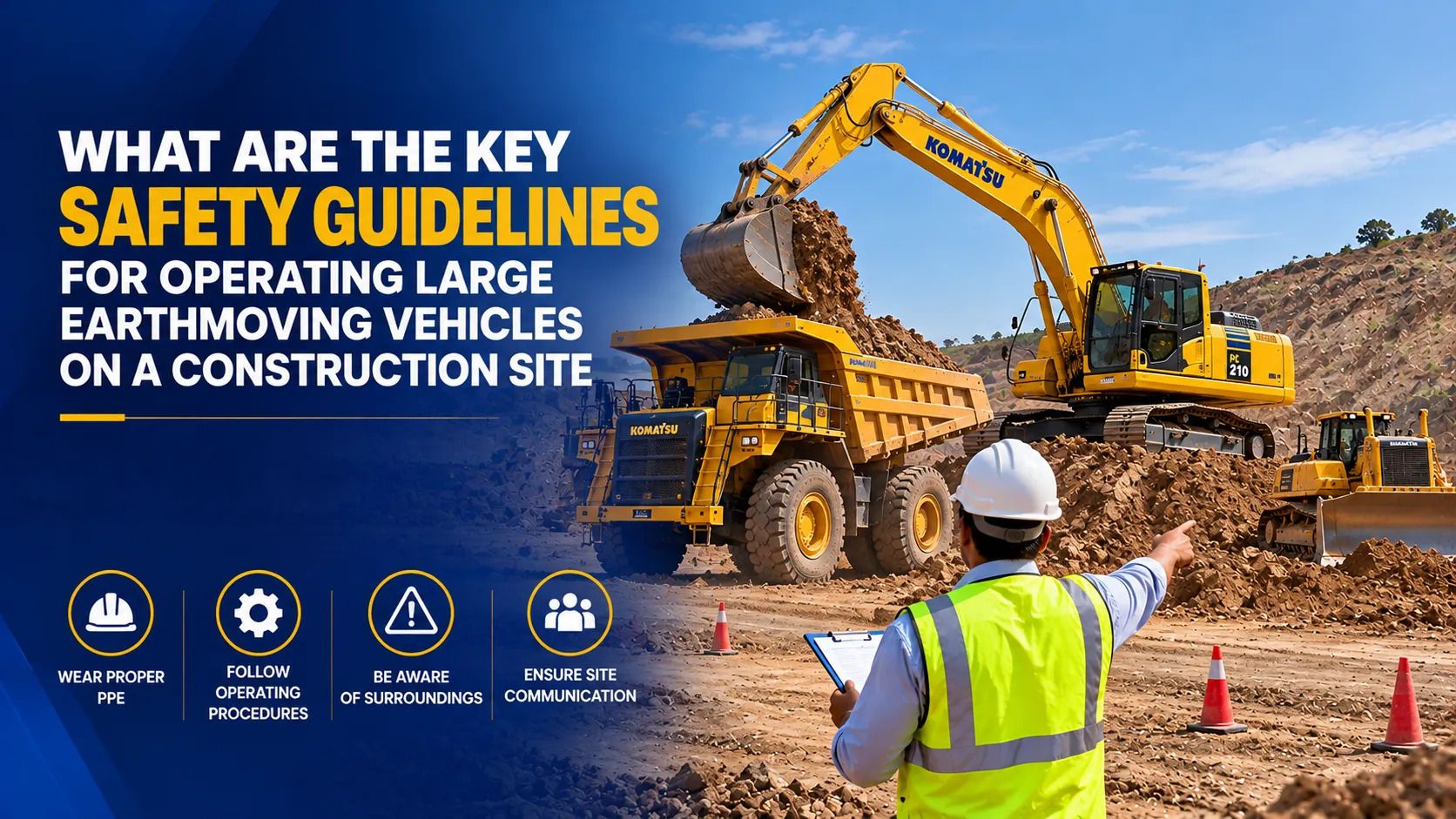 What are the key safety guidelines for operating large earthmoving vehicles on a construction site
